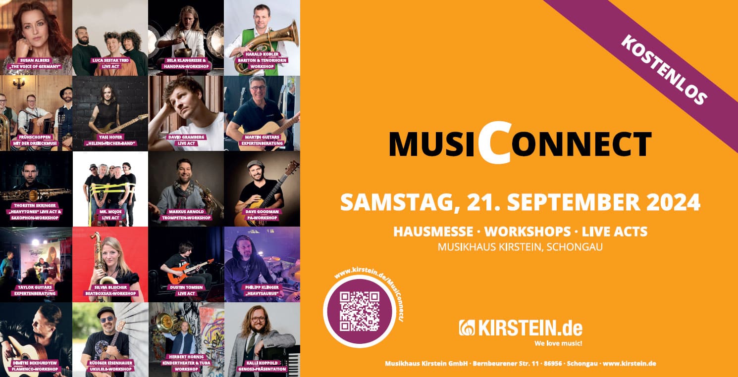 Banner Ankündigung MusiConnect 2024 mit Fotos der beteiligten Acts