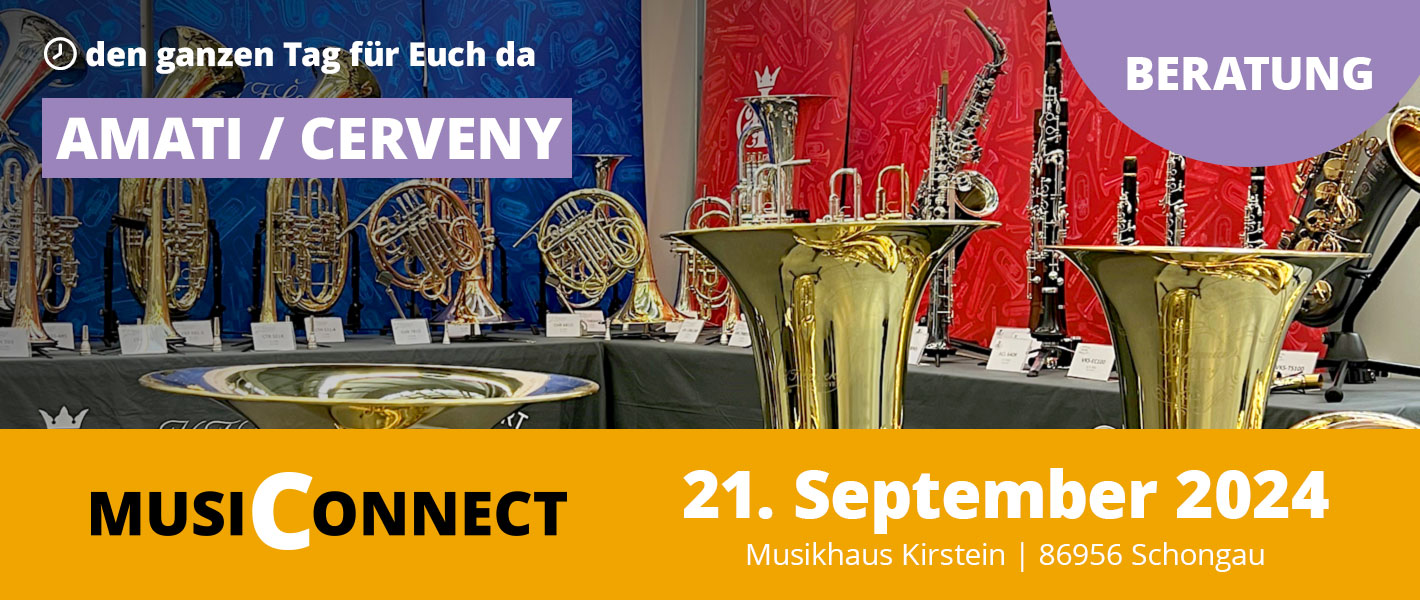 Banner Amati und Cerveny Sonderausstellung bei der MusiConnect 2024 im Musikhaus Kirstein