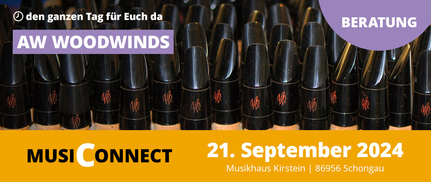 Banner AW Woodwinds Sonderausstellung bei der MusiConnect 2024 im Musikhaus Kirstein