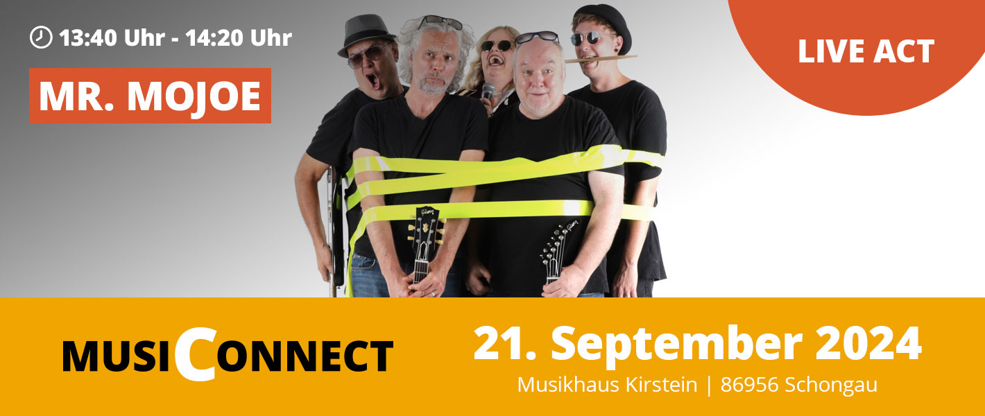 Banner Mr. MoJoe bei der MusiConnect 2024 im Musikhaus Kirstein