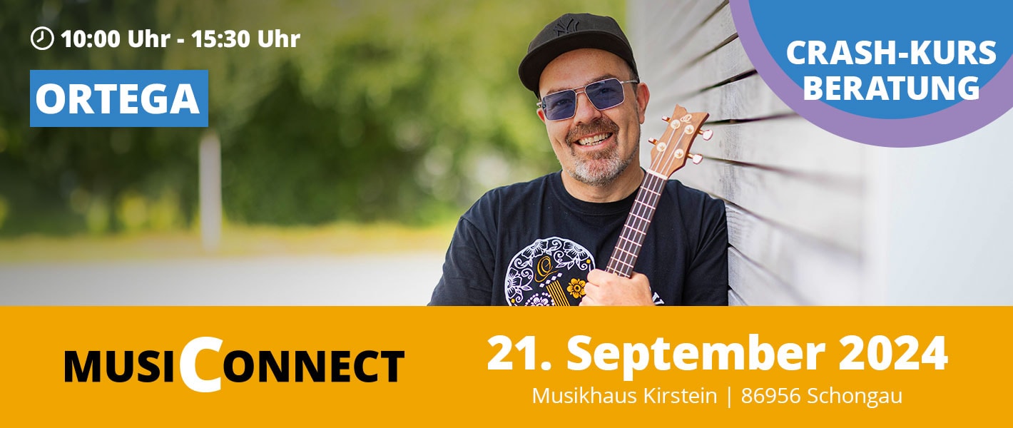 Banner Ortega Ukulele Crash-Kurs und Beratung bei der MusiConnect 2024 im Musikhaus Kirstein