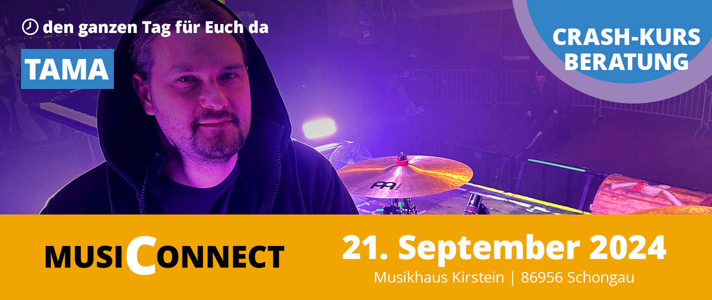 Banner Tama mit Philipp Klinger bei der MusiConnect 2024 im Musikhaus Kirstein