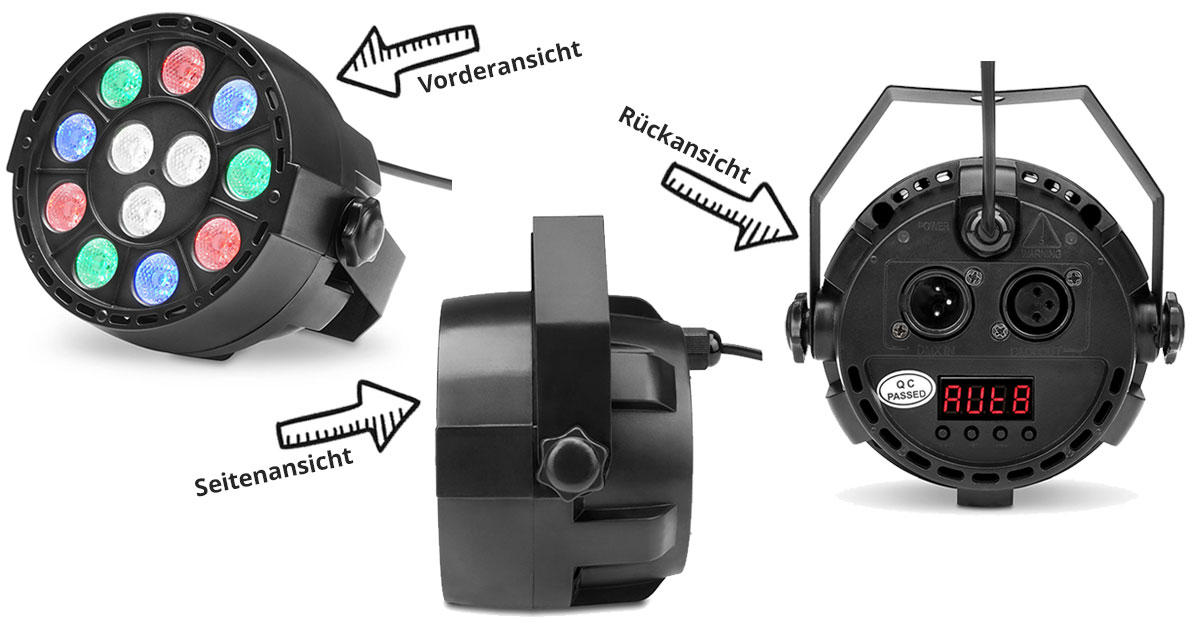 Showlite SPS-121 LED Smart Party Spot Vorder-, Seiten- und Rückansicht