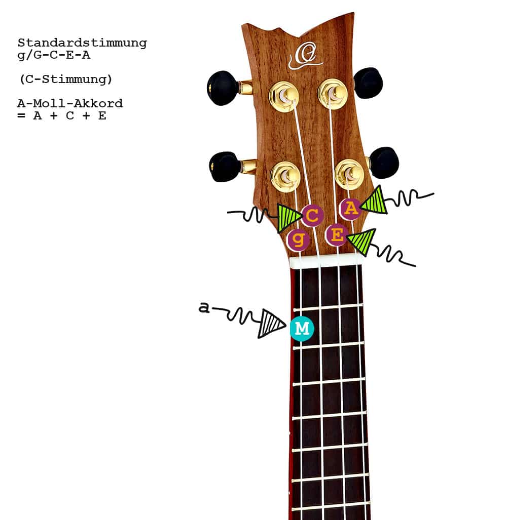 So wird der A-Moll-Akkord auf Ukulelen mit der Standardstimmung g-C-E-A bzw. G-C-E-A gegriffen.